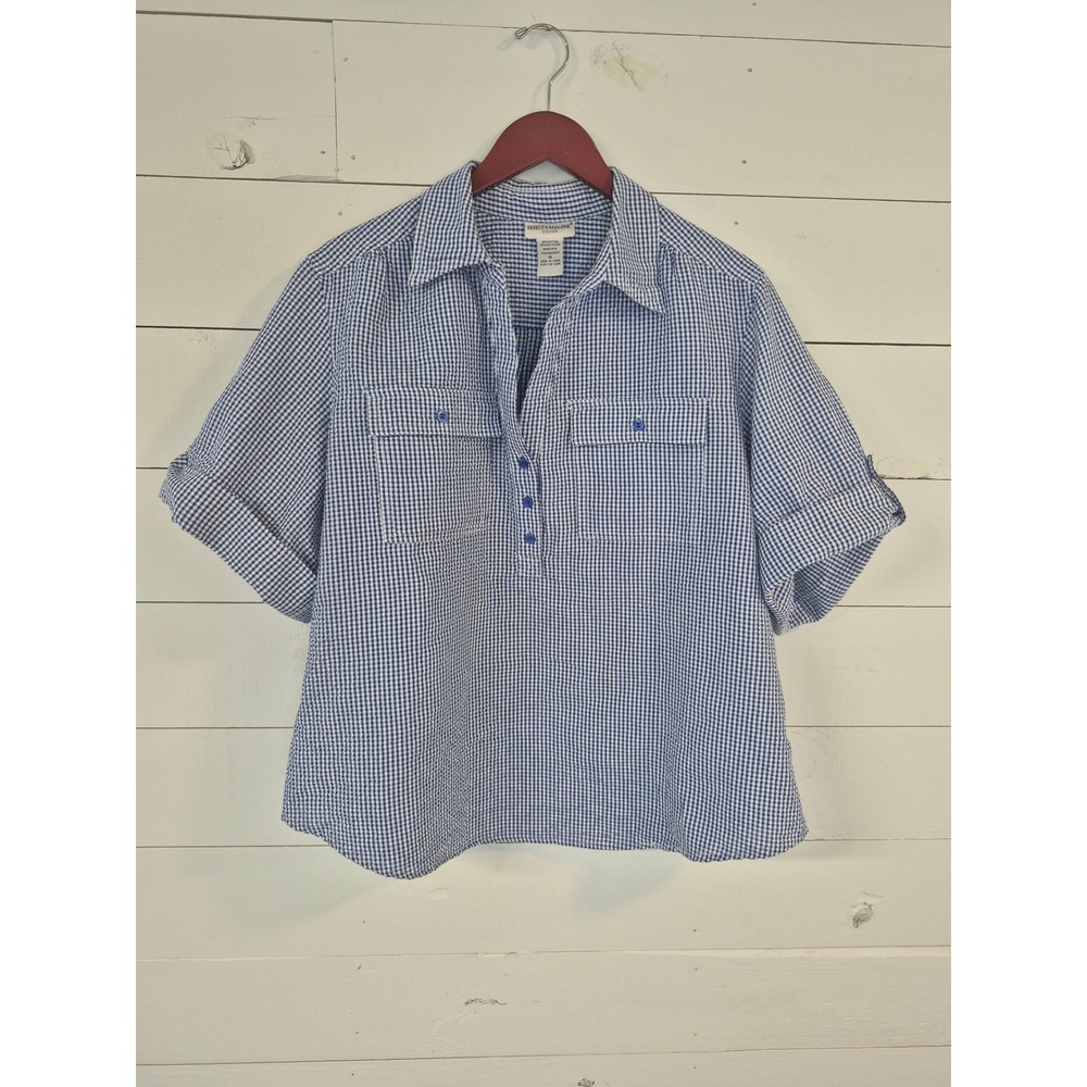 Rebecca Malone Woman Blue White Gingham Short Sleeve Button Placket Top 1X